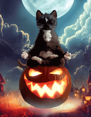 A Black And White Cat Sits On Top Of A Carved Halloween Pumpkin GIF