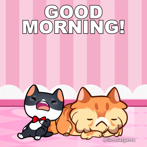 A Black And White Cat Sitting Next To A Sleeping Cat With The Words " Good Morning " Above Them GIF