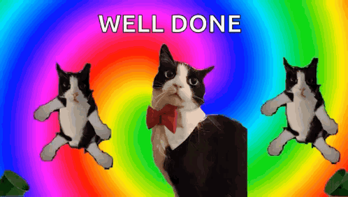A Black And White Cat Wearing A Bow Tie Is On A Rainbow Background With The Words " Well Done " Above It GIF