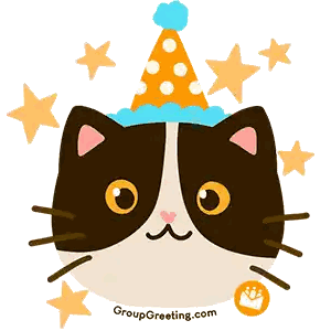 A Black And White Cat Wearing A Party Hat With The Website Groupgreeting.com On The Bottom Sticker