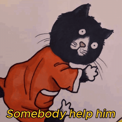 A Black And White Cat Wearing A Red Shirt With The Words Somebody Help Him Below It GIF
