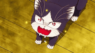 A Black And White Cat With Red Eyes Is Looking Up At Something GIF