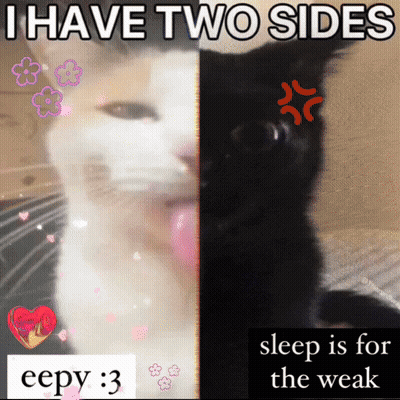 A Black And White Cat With The Words " I Have Two Sides Sleep Is For The Weak " GIF