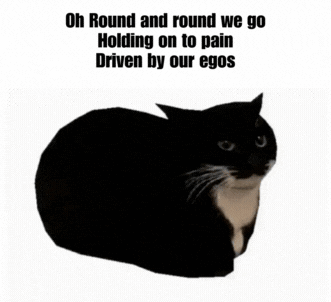 A Black And White Cat With The Words Oh Round And Round We Go Holding On To Pain Driven By Our Egos On The Bottom GIF
