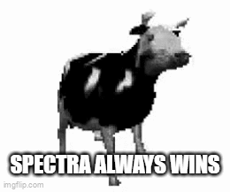 A Black And White Cow Is Standing In Front Of A White Background With The Words `` Spectra Always Wins '' . GIF