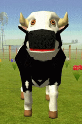A Black And White Cow With Horns Stands In A Field GIF