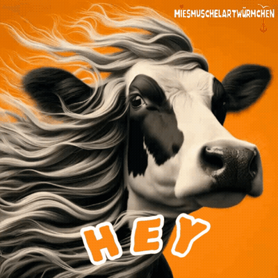 A Black And White Cow With Long Hair Says Hey On A Orange Background GIF