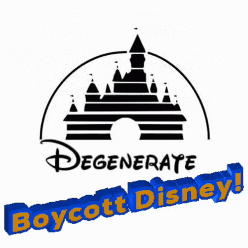 A Black And White Disney Logo With The Words Degenerate Boycott Disney Below It GIF