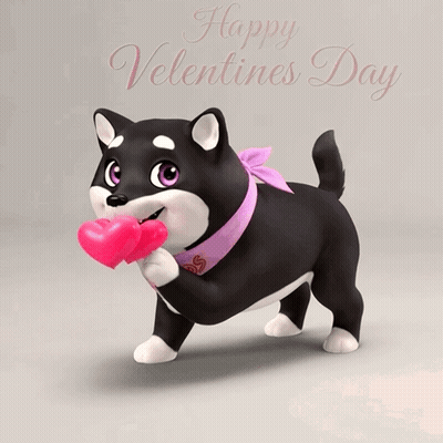 A Black And White Dog Holding A Pink Heart In Its Mouth GIF