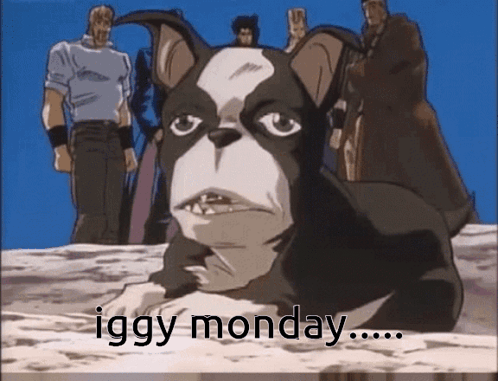 A Black And White Dog Is Laying On The Ground With The Words `` Iggy Monday '' Written Below It . GIF