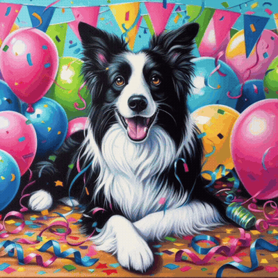 A Black And White Dog Laying On A Table Surrounded By Balloons And Confetti GIF
