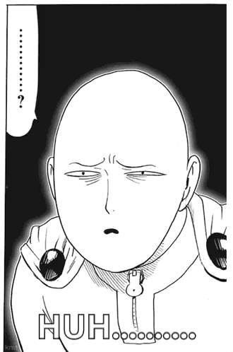 A Black And White Drawing Of A Bald Man With A Speech Bubble Saying Huh GIF