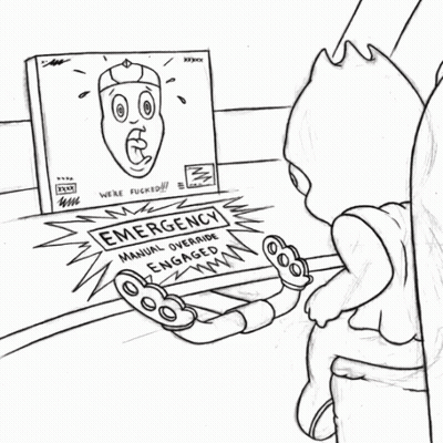 A Black And White Drawing Of A Box That Says Emergency Manual Override Engaged GIF