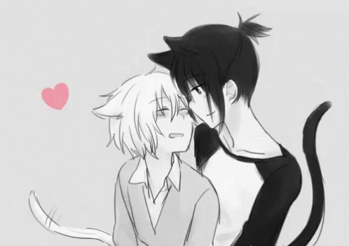 Black And White Drawing Of Boy And Cat With Heart GIF
