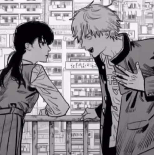 A Black And White Drawing Of A Boy And A Girl Standing Next To Each Other GIF