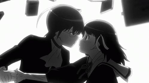 A Black And White Drawing Of A Boy And Girl Kissing GIF