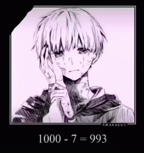 A Black And White Drawing Of A Boy Crying With The Number 1000 - 7 = 993 . GIF