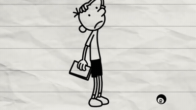 A Black And White Drawing Of A Boy Hanging Upside Down Surrounded By Pool Balls On A Piece Of Paper . GIF