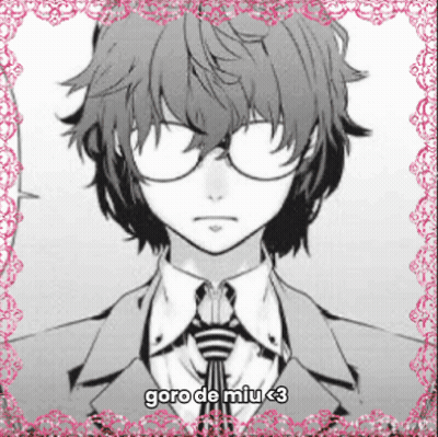 A Black And White Drawing Of A Boy In A Suit And Tie With The Words Goro De Miu < 3 On The Bottom GIF