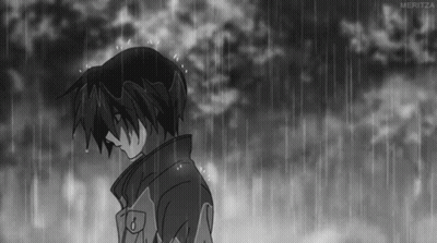 A Black And White Drawing Of A Boy In The Rain With The Word Meritza At The Bottom GIF