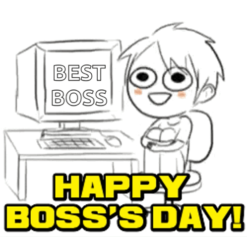 A Black And White Drawing Of A Boy Sitting In Front Of A Computer With The Words Best Boss Happy Boss 'S Day GIF
