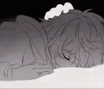 A Black And White Drawing Of A Boy Sleeping In Bed . GIF