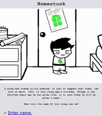 A Black And White Drawing Of A Boy Standing In Front Of A Door With A Green Sign On It . GIF