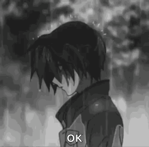 a black and white drawing of a boy standing in the rain with the words `` ok '' written on the bottom .