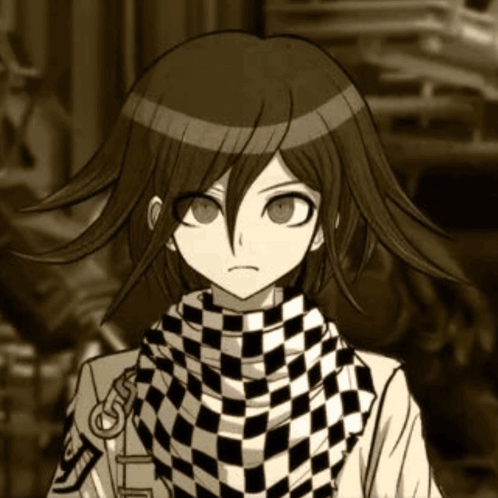 A Black And White Drawing Of A Boy Wearing A Checkered Scarf . GIF