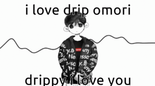 A Black And White Drawing Of A Boy Wearing A Drip Omori Hoodie . GIF