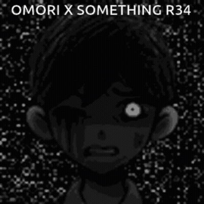 A Black And White Drawing Of A Boy With A Glowing Eye And The Words `` Omori X Something R34 '' . GIF