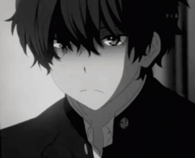 A Black And White Drawing Of A Boy With A Sad Expression On His Face GIF