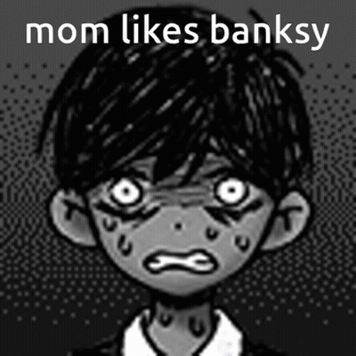 A Black And White Drawing Of A Boy With A Sad Face And The Words Mom Likes Banksy . GIF