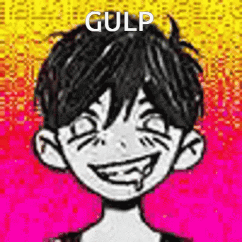 A Black And White Drawing Of A Boy With A Smile On His Face And The Words `` Gulp '' Written Above Him . GIF