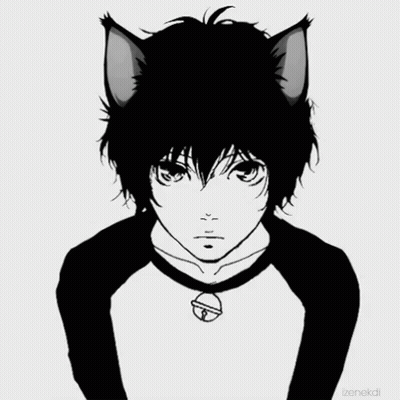 A Black And White Drawing Of A Boy With Cat Ears And A Bell Around His Neck GIF