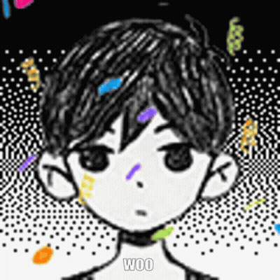 A Black And White Drawing Of A Boy With Confetti In His Hair And The Words Woo On The Bottom . GIF