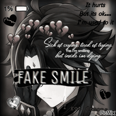 A Black And White Drawing Of A Boy With Fake Smile Written On It GIF