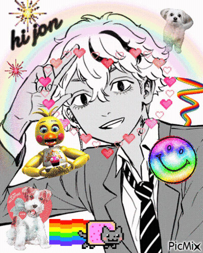 A Black And White Drawing Of A Boy With Hearts And A Smiley Face With The Words Hi Jon Written On It GIF