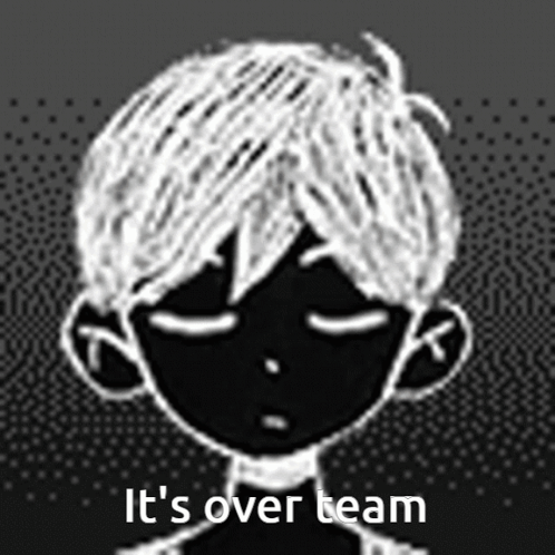 A Black And White Drawing Of A Boy With His Eyes Closed And The Words `` It 'S Over Team '' Underneath Him . GIF