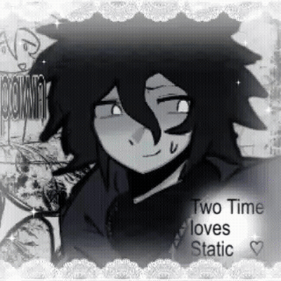 A Black And White Drawing Of A Boy With Long Hair And The Words `` Two Time Loves Static '' On The Bottom . GIF