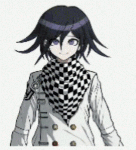 A Black And White Drawing Of A Boy With Purple Eyes And A Checkered Scarf Around His Neck . GIF
