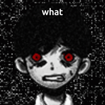 A Black And White Drawing Of A Boy With Red Eyes And The Words `` What '' Written On The Bottom . GIF