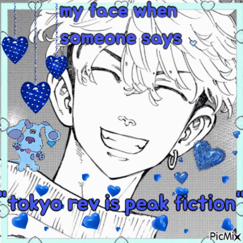 A Black And White Drawing Of A Boy With The Caption " My Face When Someone Says Tokyo Revengers Is Peak Fiction " GIF