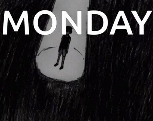A Black And White Drawing Of A Boy With The Word Monday Written Above Him GIF