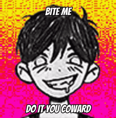 A Black And White Drawing Of A Boy With The Words Bite Me Do It You Coward On The Bottom GIF