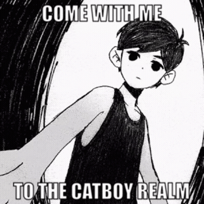 A Black And White Drawing Of A Boy With The Words " Come With Me To The Catboy Realm " GIF