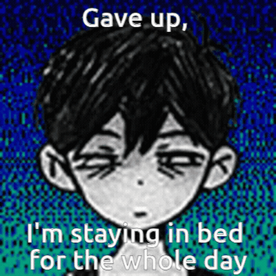 A Black And White Drawing Of A Boy With The Words Gave Up I 'M Staying In Bed For The Whole Day GIF