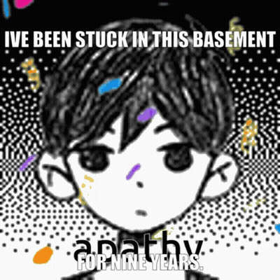 A Black And White Drawing Of A Boy With The Words I 'Ve Been Stuck In This Basement GIF