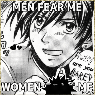 A Black And White Drawing Of A Boy With The Words Men Fear Me Women Are You Scared Me GIF