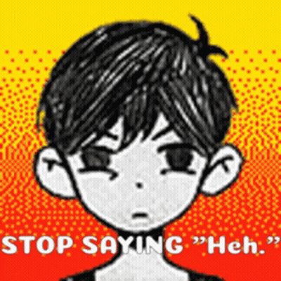 A Black And White Drawing Of A Boy With The Words Stop Saying " Heh " Below Him . GIF